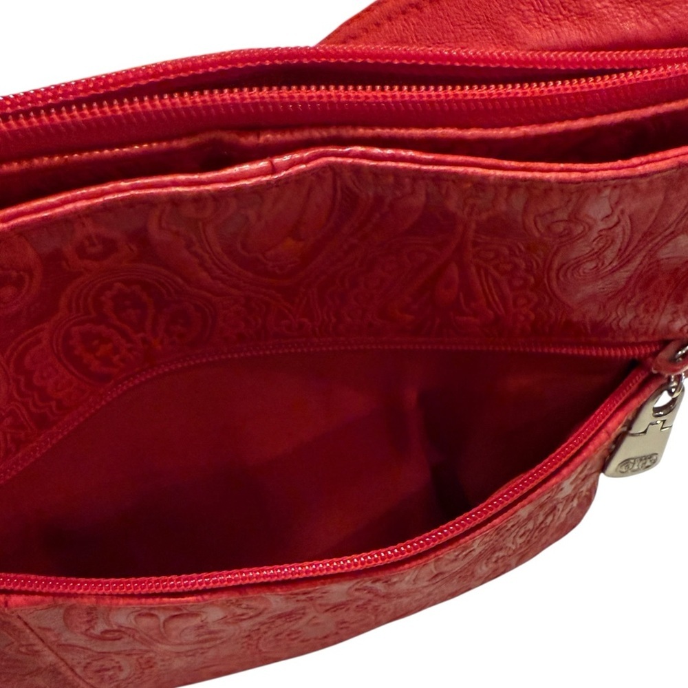 Genuine Leather Red Embossed Paisley Style Shoulder Bag with Adjustable Straps - Picture 6 of 15
